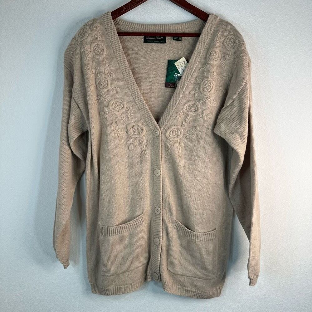 Vintage Dana Scott Floral Embroidered Tan Knit Cardigan Women’s Medium Deadstock